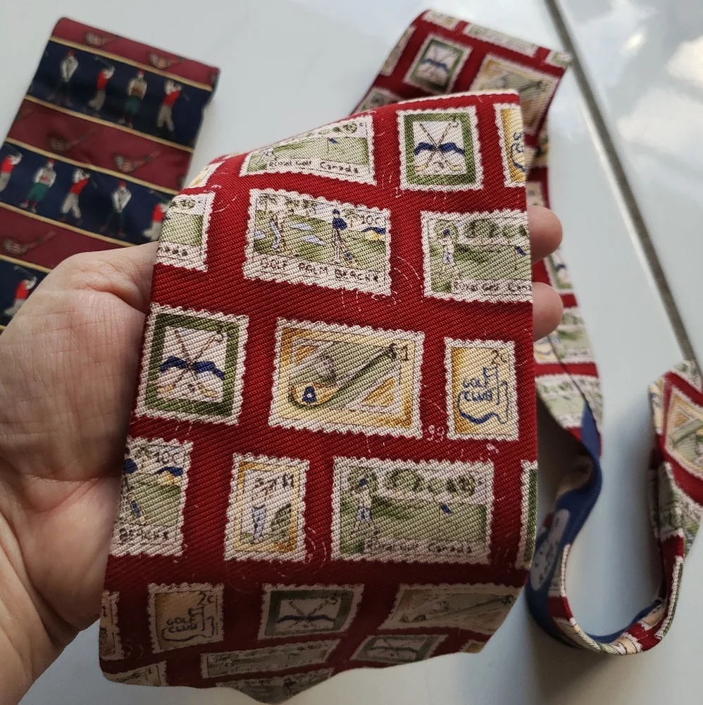 Lot 2 silk‎ neck ties neckwear golf stamps red NWT
